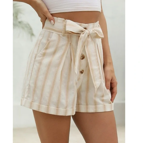 CUPSHE Apricot Stripe Tie Waist Pocket Shorts Cotton Women’s Sz XL High Rise New - Picture 4 of 11